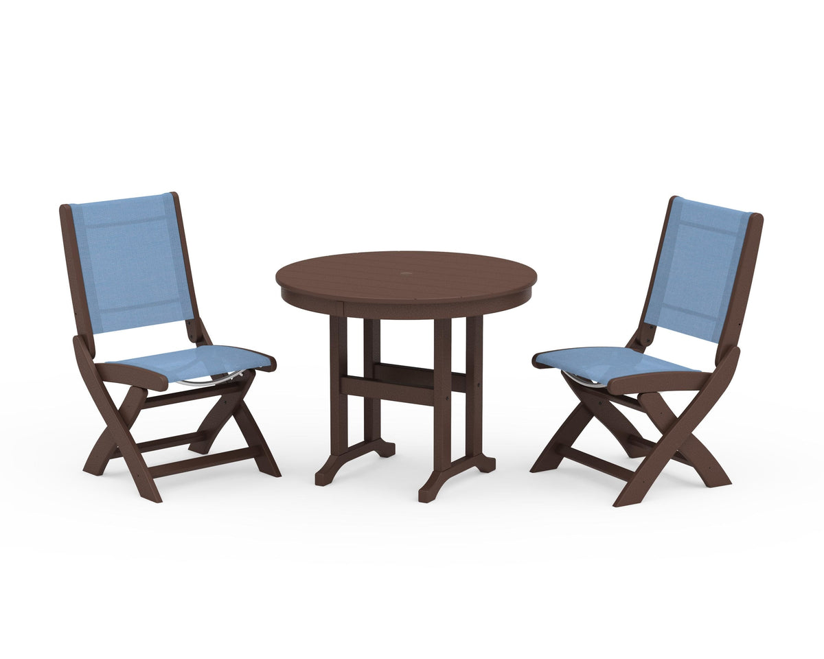 POLYWOOD Coastal Folding Side Chair 3-Piece Round Dining Set in Mahogany / Poolside