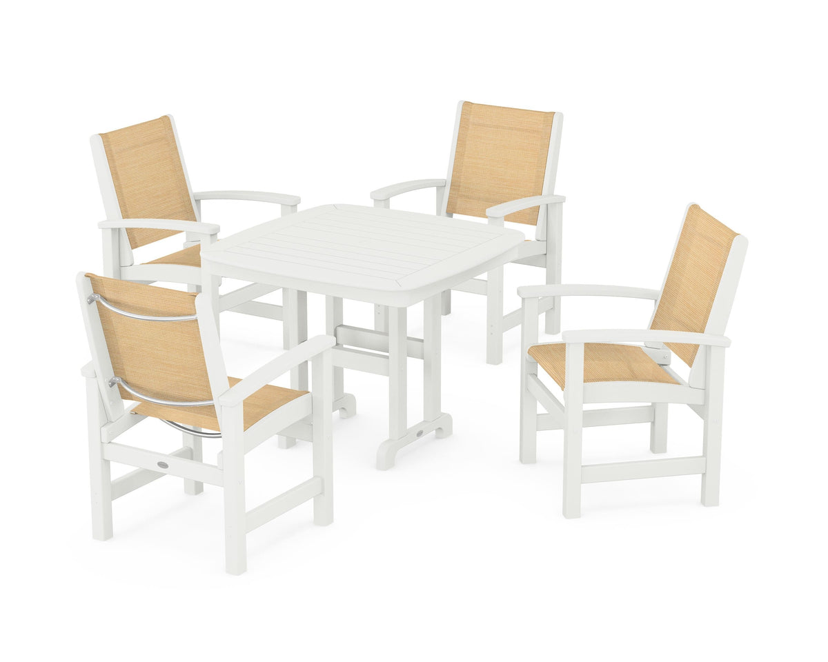 POLYWOOD Coastal 5-Piece Dining Set with Nautical 37" Dining Table in Vintage White / Dupioni Apricot