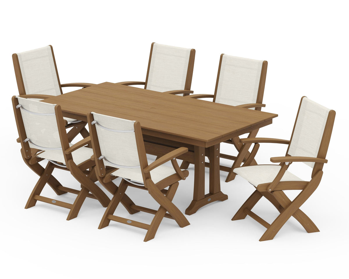 POLYWOOD Coastal Folding Arm Chair 7-Piece Farmhouse Dining Set with Trestle Legs in Natural / Parchment
