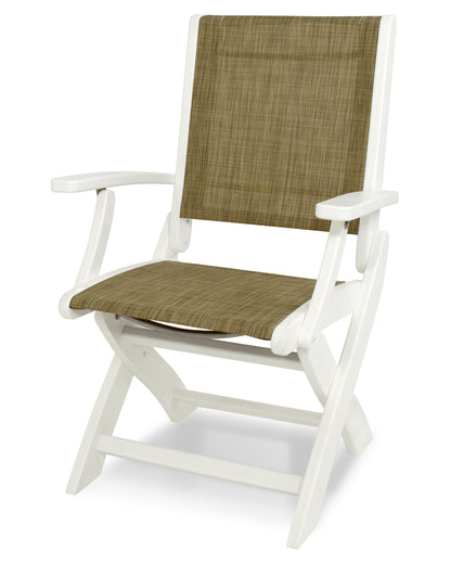 POLYWOOD Coastal Folding Chair in White with White arms and Burlap sling