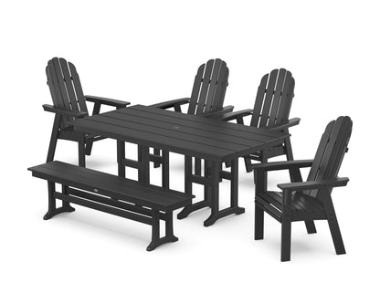 POLYWOOD Vineyard Curveback Adirondack Chair 6-Piece Farmhouse Dining Set with Bench in Black