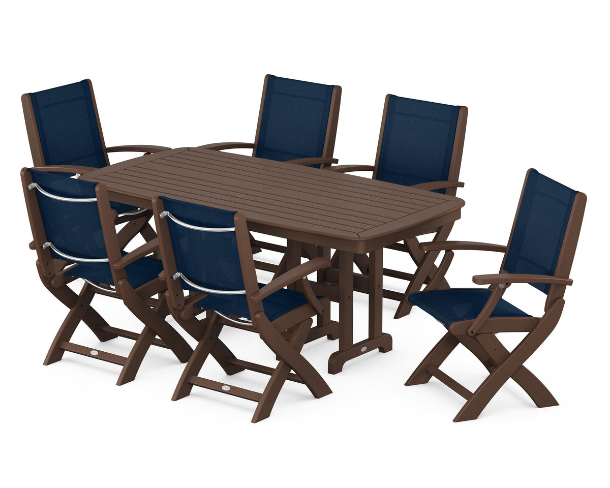 POLYWOOD Coastal Folding Arm Chair 7-Piece Dining Set in Mahogany / Navy Blue