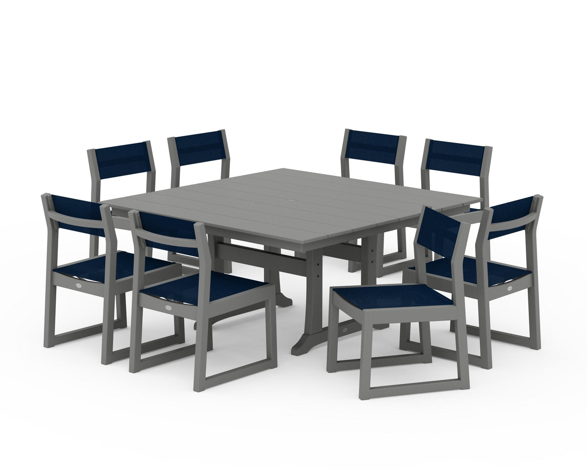 POLYWOOD EDGE Sling Side Chair 9-Piece Farmhouse Trestle Dining Set in Slate Grey / Navy Blue