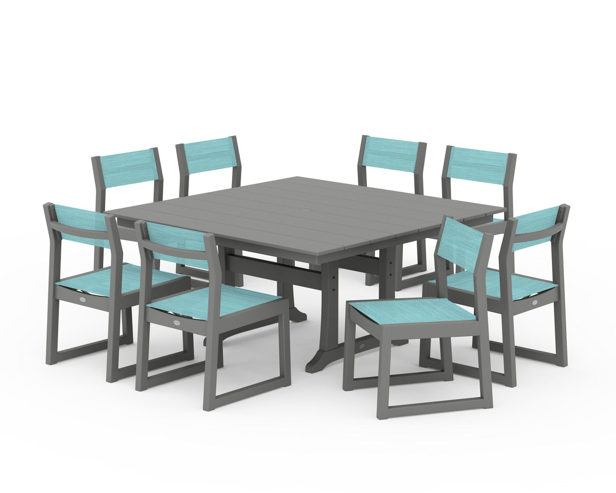 POLYWOOD EDGE Sling Side Chair 9-Piece Farmhouse Trestle Dining Set in Slate Grey / Dupioni Aquamarine