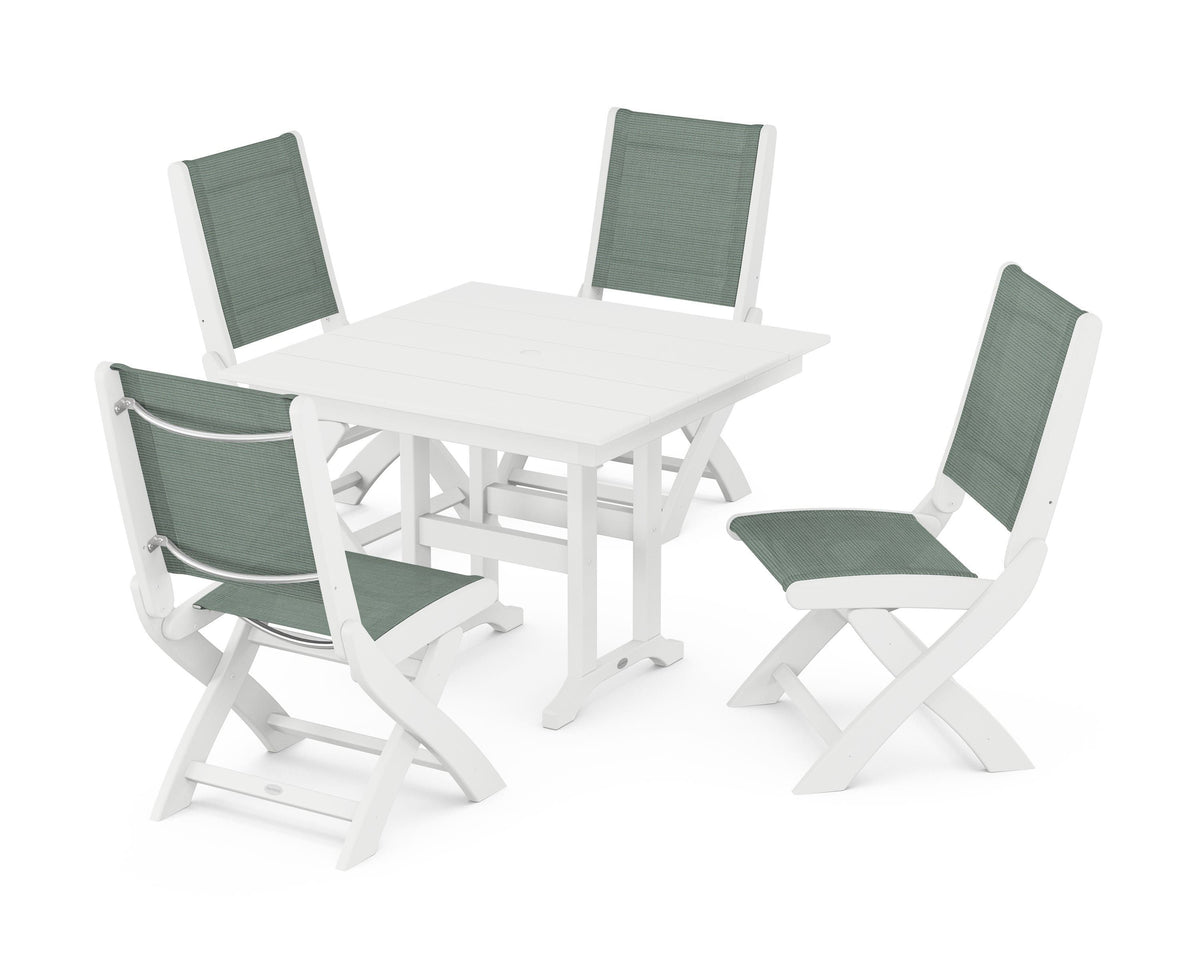 POLYWOOD Coastal Folding Side Chair 5-Piece Farmhouse Dining Set in White / Dupioni Sea Mist