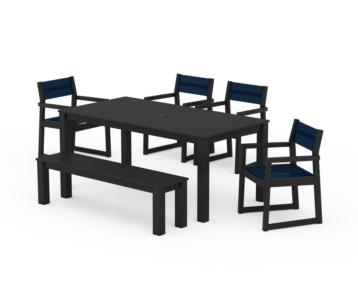 POLYWOOD EDGE Sling Arm Chair 6-Piece Parsons Dining Set with Bench in Black / Navy Blue
