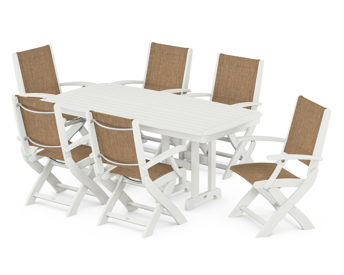 POLYWOOD Coastal Folding Arm Chair 7-Piece Dining Set in Vintage White / Burlap