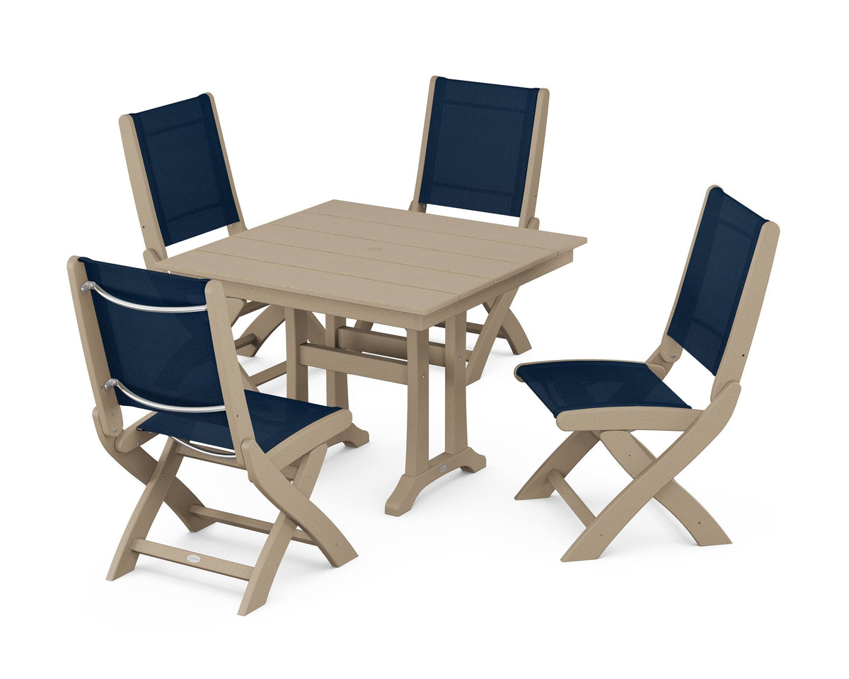 POLYWOOD Coastal Folding Side Chair 5-Piece Farmhouse Dining Set With Trestle Legs in Vintage Sahara / Navy Blue