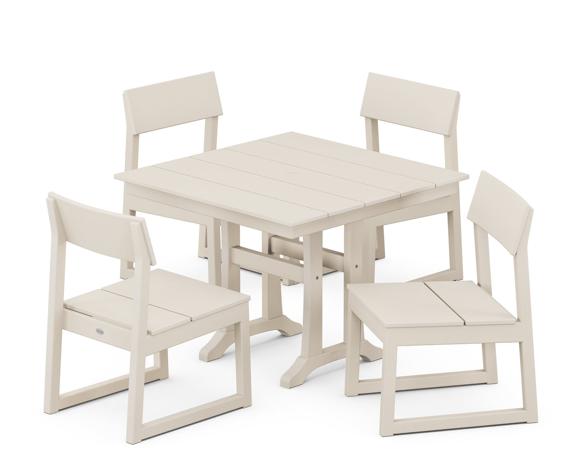 POLYWOOD EDGE 5-Piece Farmhouse Trestle Side Chair Dining Set in Sand