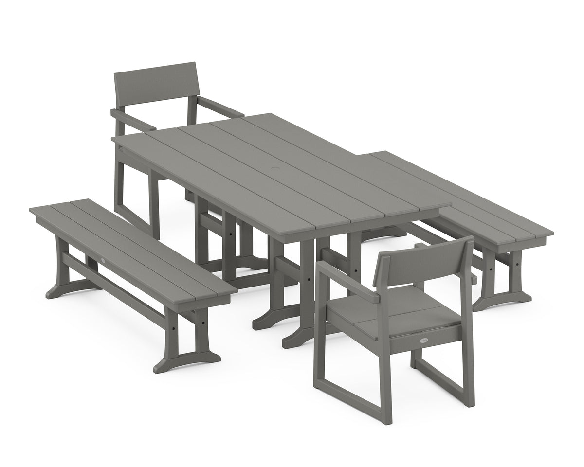 POLYWOOD EDGE 5-Piece Farmhouse Dining Set with Benches in Slate Grey