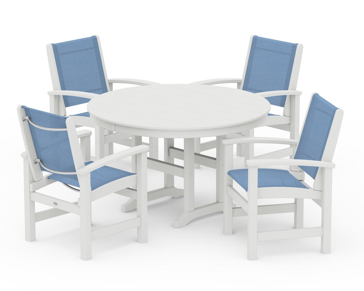 POLYWOOD Coastal 5-Piece Round Farmhouse Dining Set in Vintage White / Poolside