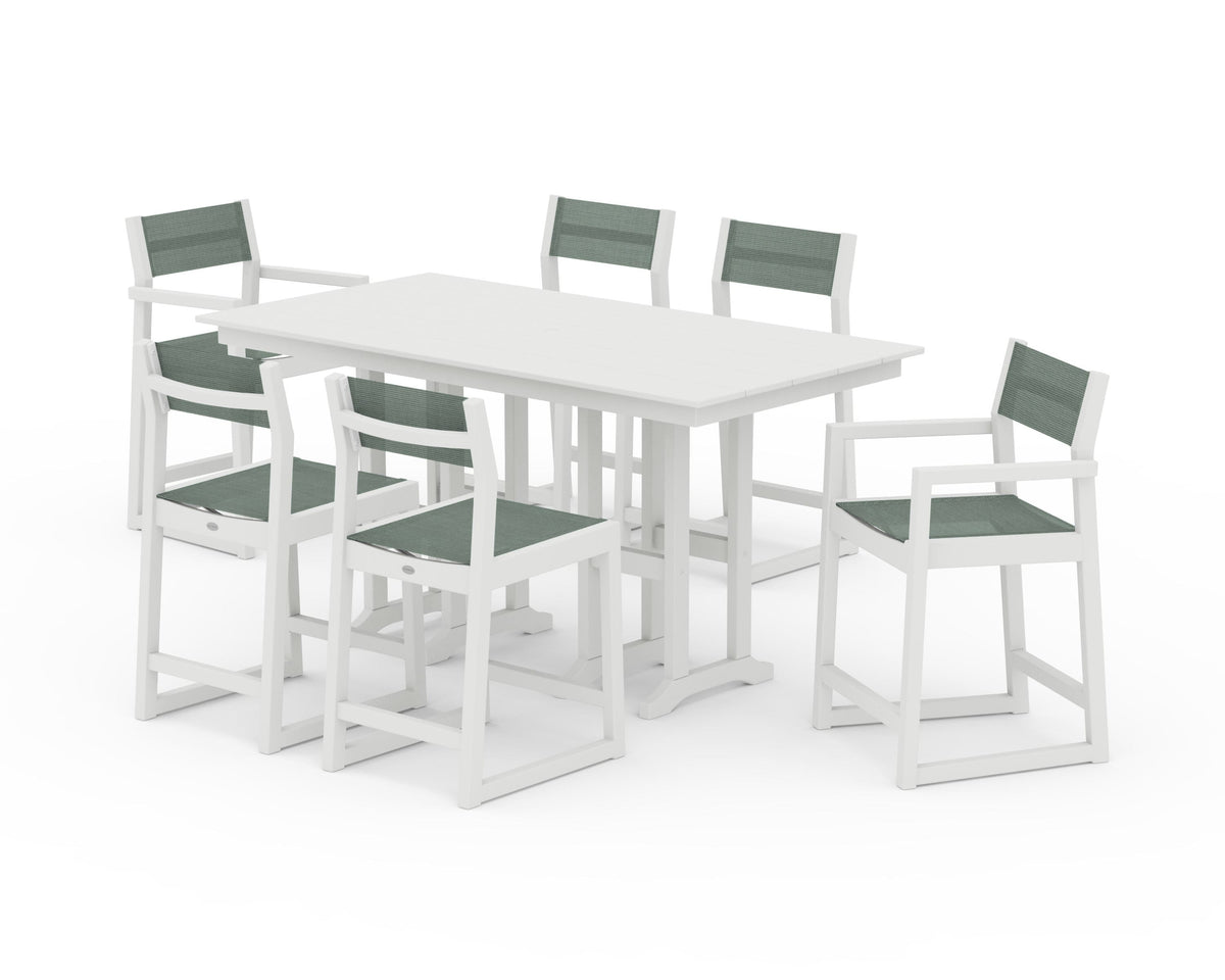 POLYWOOD EDGE Sling 7-Piece Farmhouse Counter Set with Trestle Legs in Vintage White / Dupioni Sea Mist