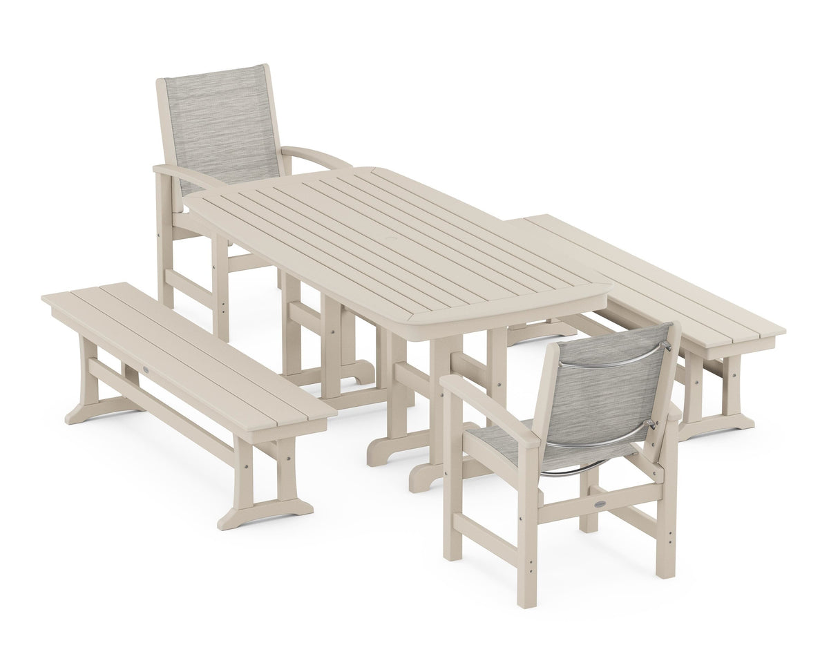 POLYWOOD Coastal 5-Piece Dining Set with Nautical 37" x 72" Dining Table in Sand / Birch