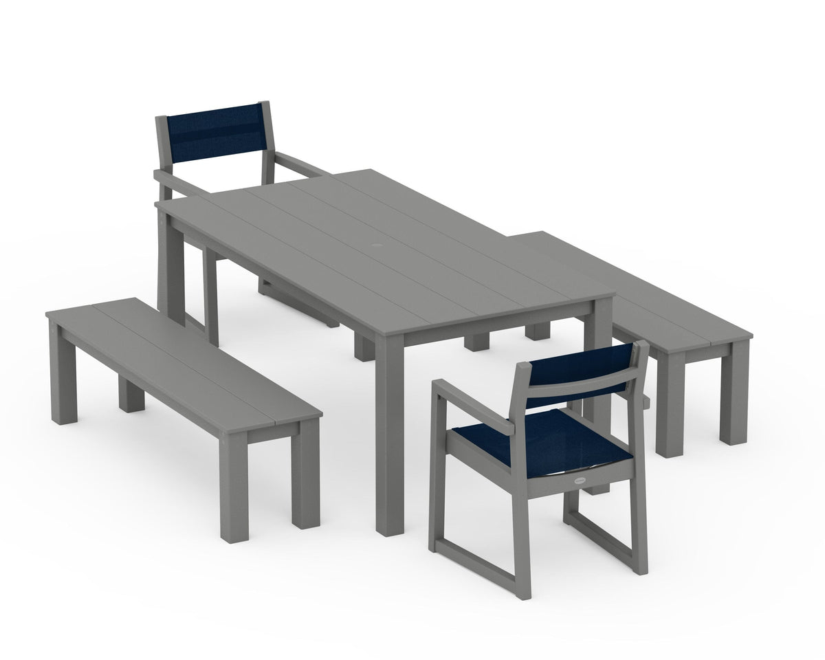 POLYWOOD EDGE Sling Arm Chair 5-Piece Parsons Dining Set with Benches in Slate Grey / Navy Blue