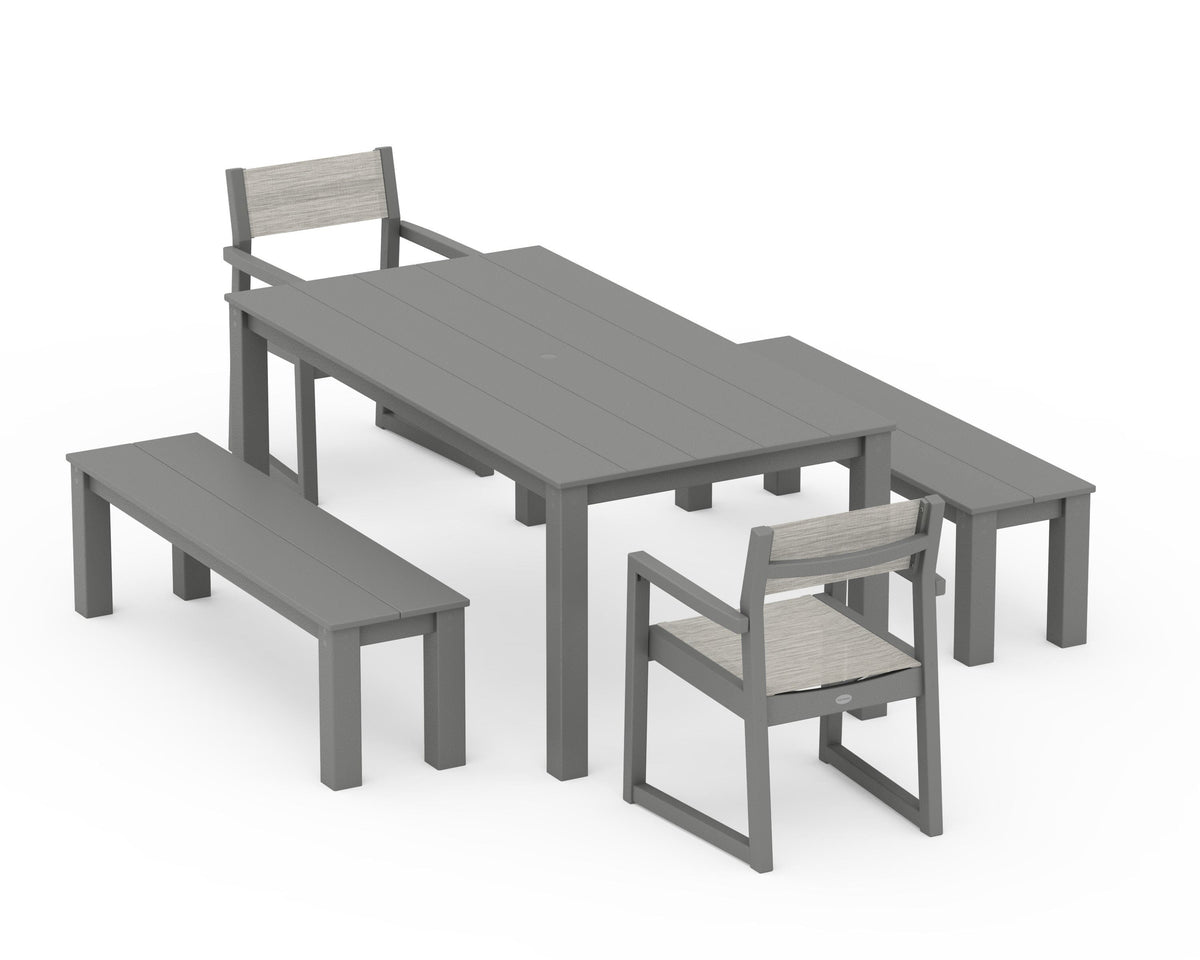 POLYWOOD EDGE Sling Arm Chair 5-Piece Parsons Dining Set with Benches in Slate Grey / Birch