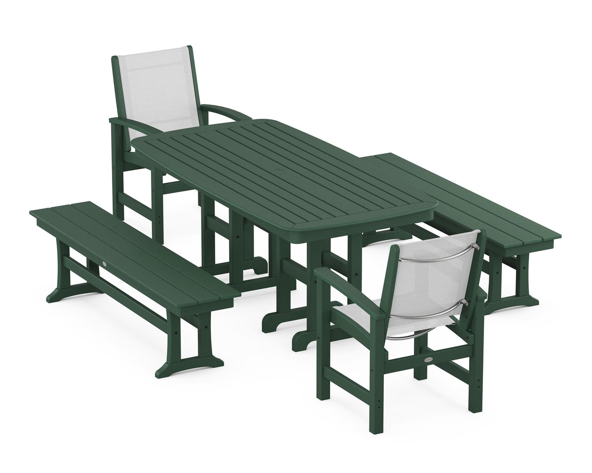 POLYWOOD Coastal 5-Piece Dining Set with Nautical 37" x 72" Dining Table in Green / White