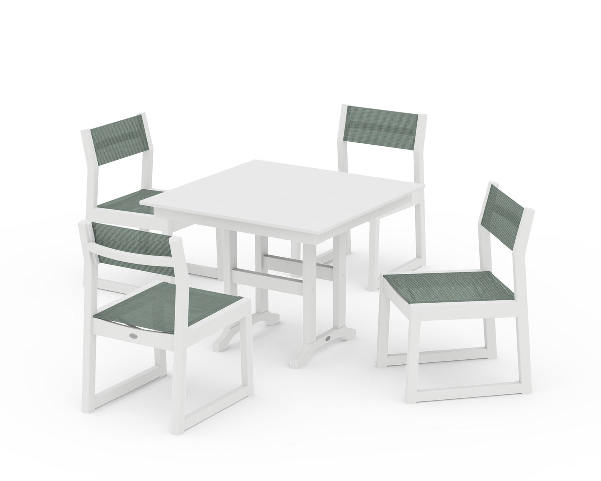 POLYWOOD EDGE Sling Side Chair 5-Piece Farmhouse Dining Set in White / Dupioni Sea Mist