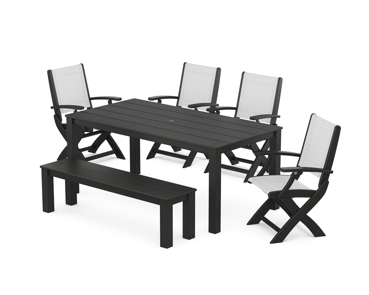 POLYWOOD Coastal Folding Chair 6-Piece Parsons Dining Set with Bench in Black / White