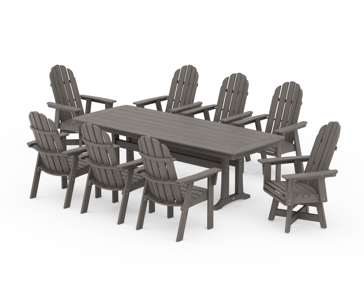 POLYWOOD Vineyard Curveback Adirondack Swivel 9-Piece Dining Set with Trestle Legs in Driftwood