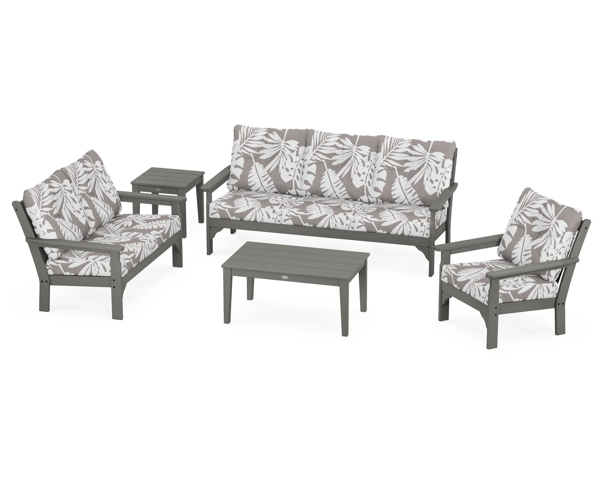 POLYWOOD Vineyard 5-Piece Deep Seating Set with Sofa in Slate Grey / Leaf Grey Mist