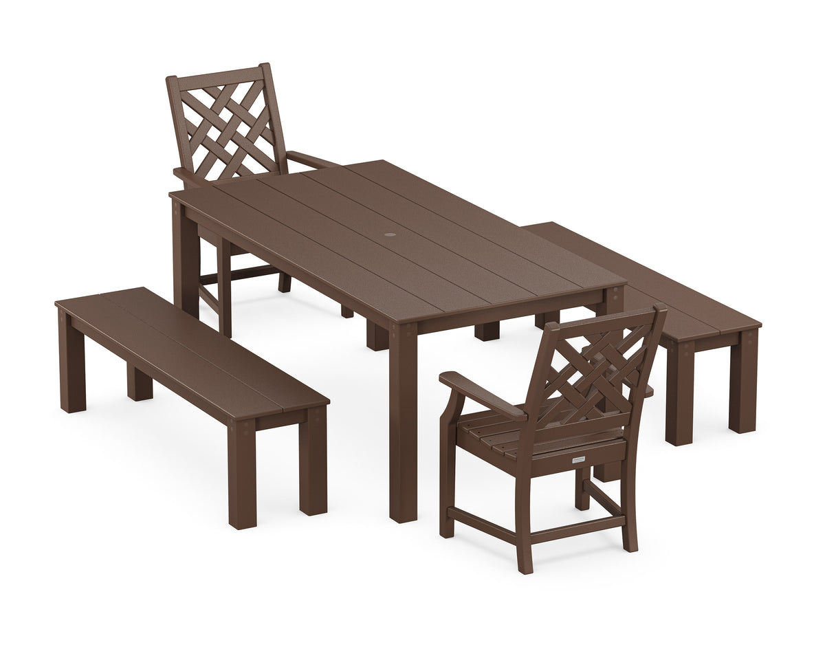 POLYWOOD Wovendale 5-Piece Parsons Dining Set with Benches in Mahogany