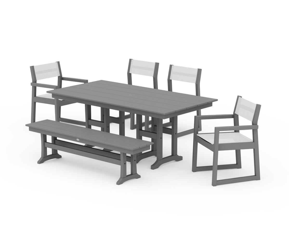 POLYWOOD EDGE Sling 6-Piece Farmhouse Dining Set in Slate Grey / White