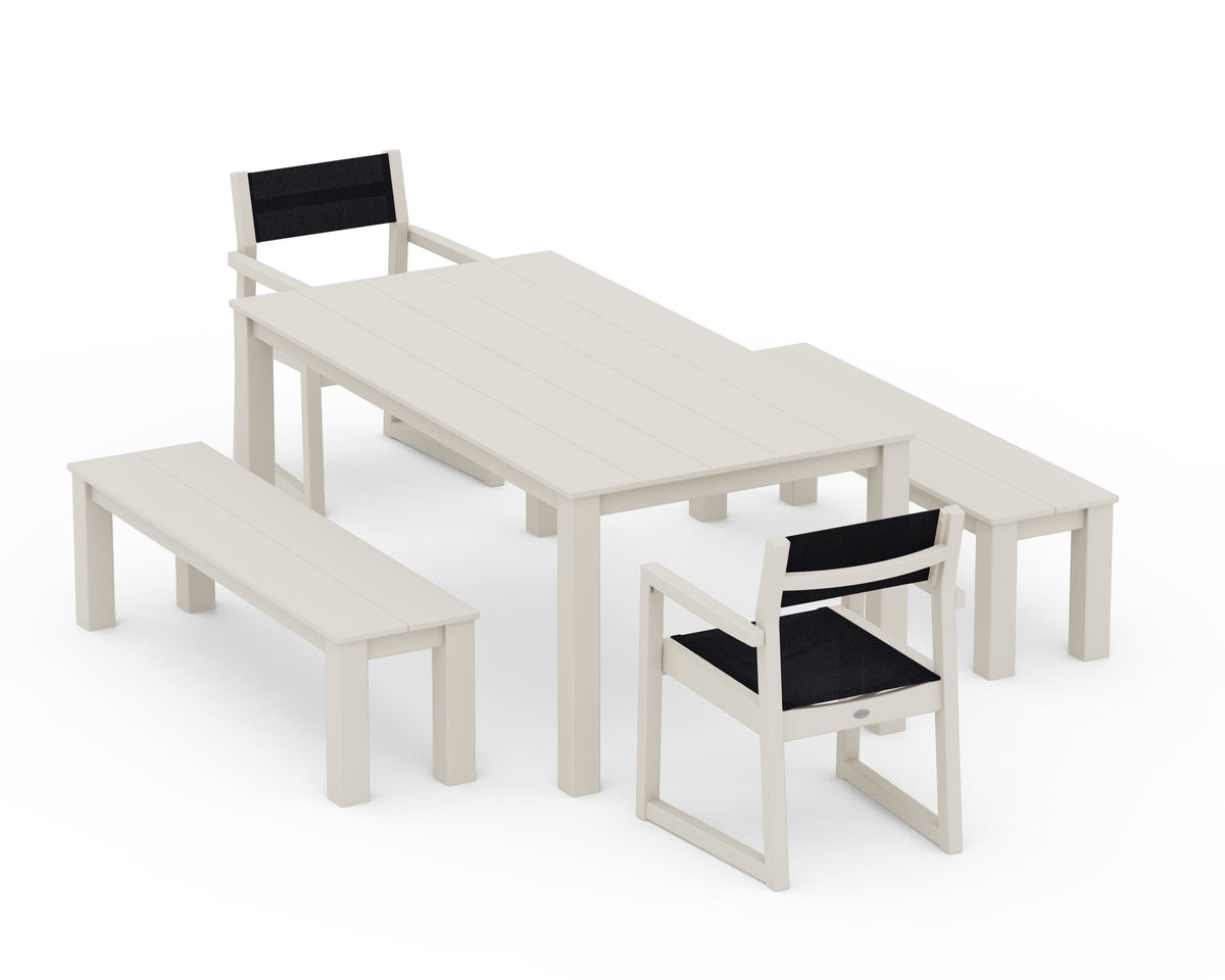 POLYWOOD EDGE Sling Arm Chair 5-Piece Parsons Dining Set with Benches in Sand / Black