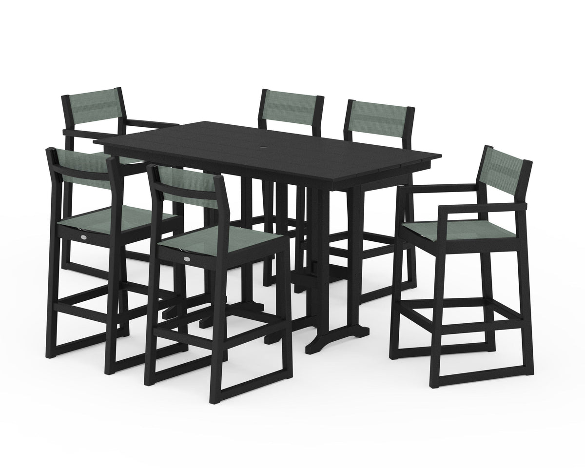 POLYWOOD EDGE Sling 7-Piece Farmhouse Bar Set in Black / Dupioni Sea Mist
