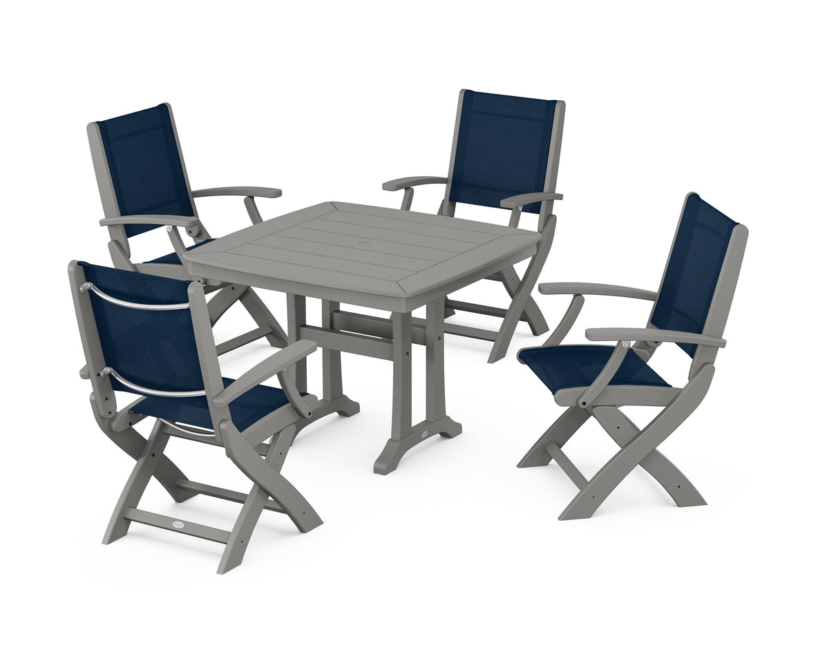 POLYWOOD Coastal Folding Chair 5-Piece Dining Set with Trestle Legs in Slate Grey / Navy Blue