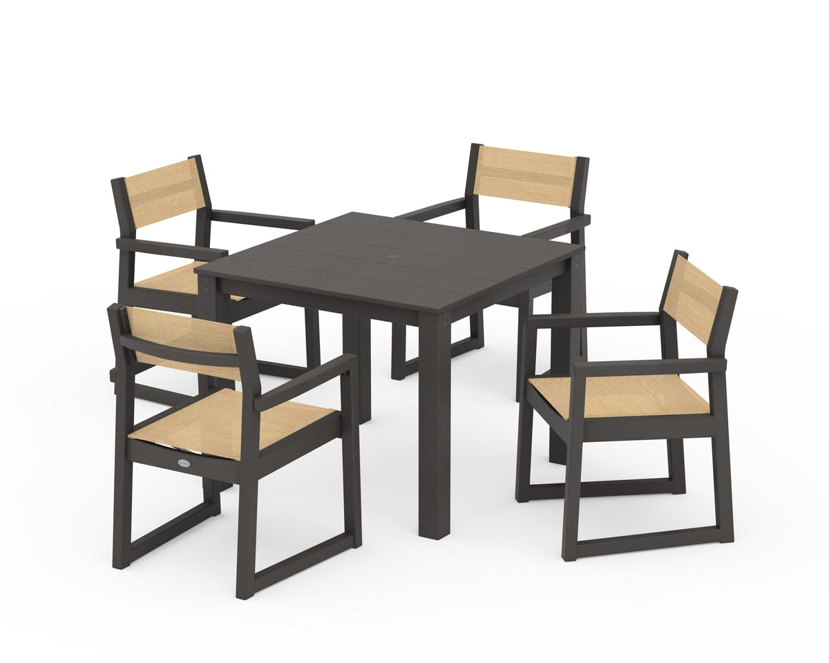 POLYWOOD EDGE Sling Arm Chair 5-Piece Parsons Dining Set in Vintage Coffee / Dupioni Apricot