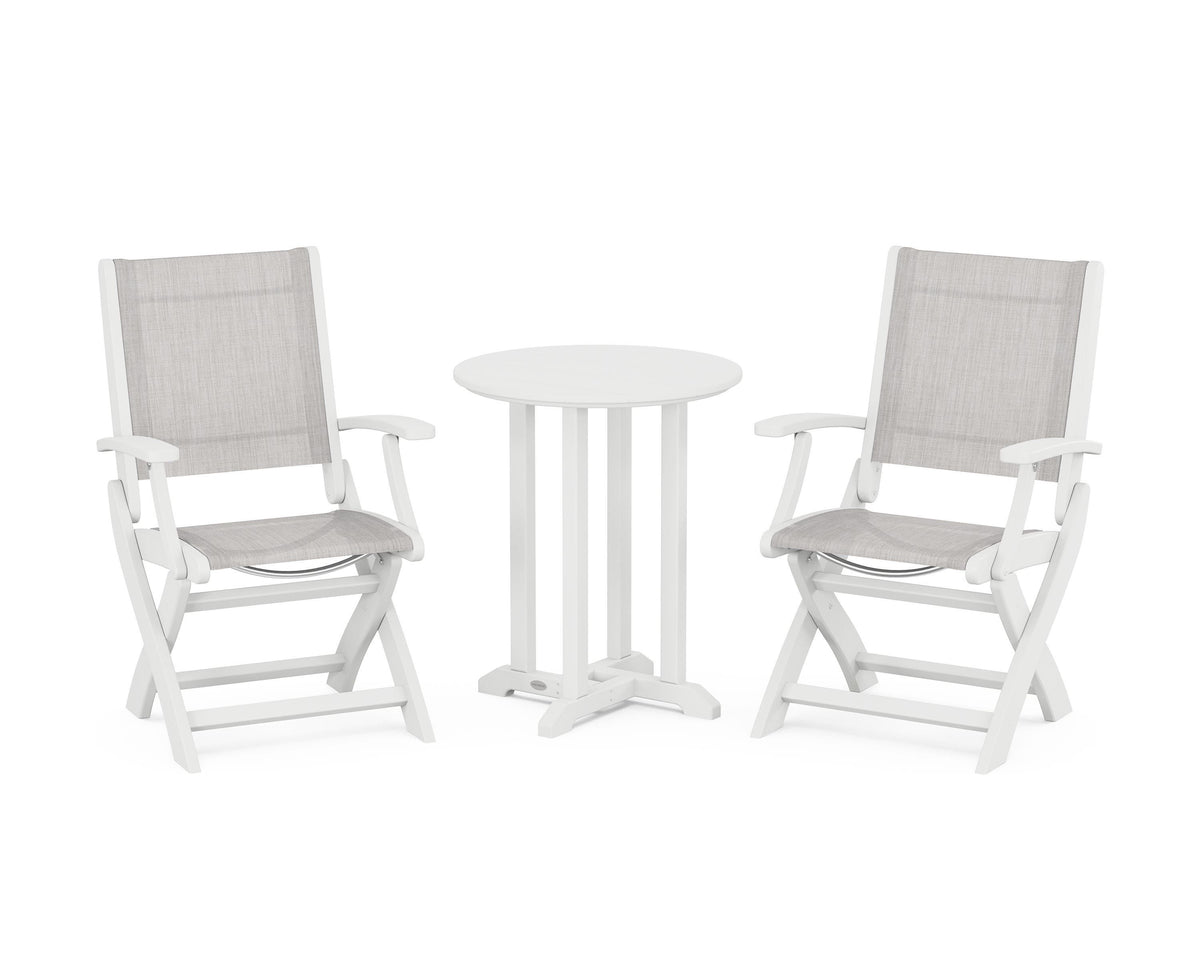 POLYWOOD Coastal Folding 3-Piece Round Bistro Dining Set in White / Parchment