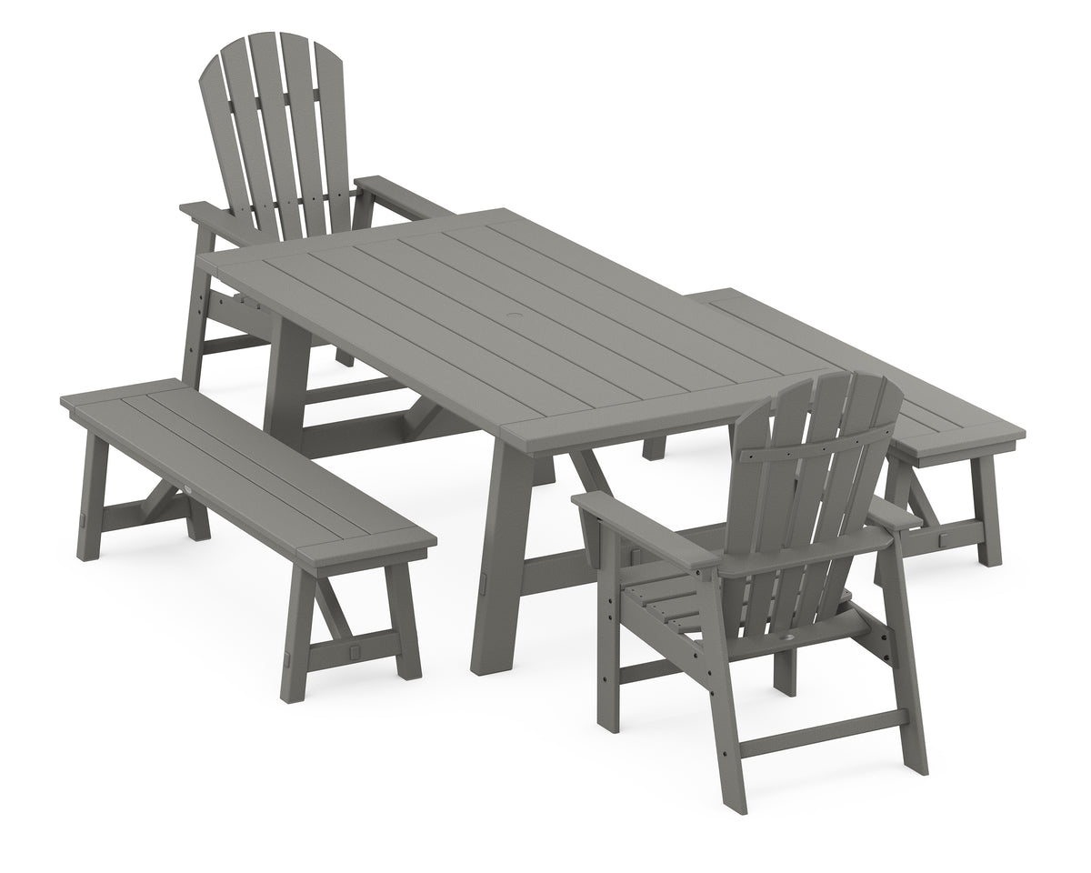 POLYWOOD South Beach 5-Piece Rustic Farmhouse Dining Set with Benches in Slate Grey