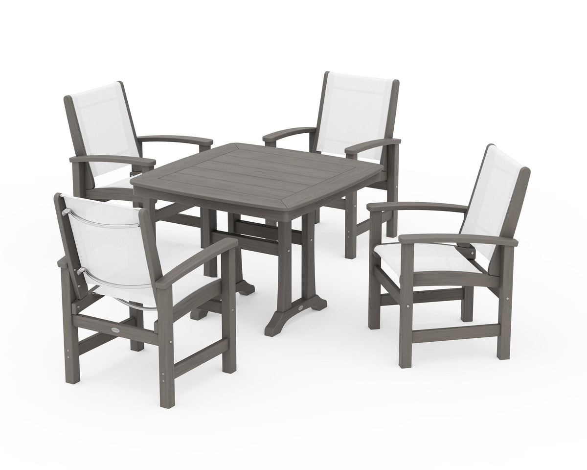 POLYWOOD Coastal 5-Piece Dining Set with Trestle Legs with Nautical Trestle 37" Dining Table in Driftwood / White