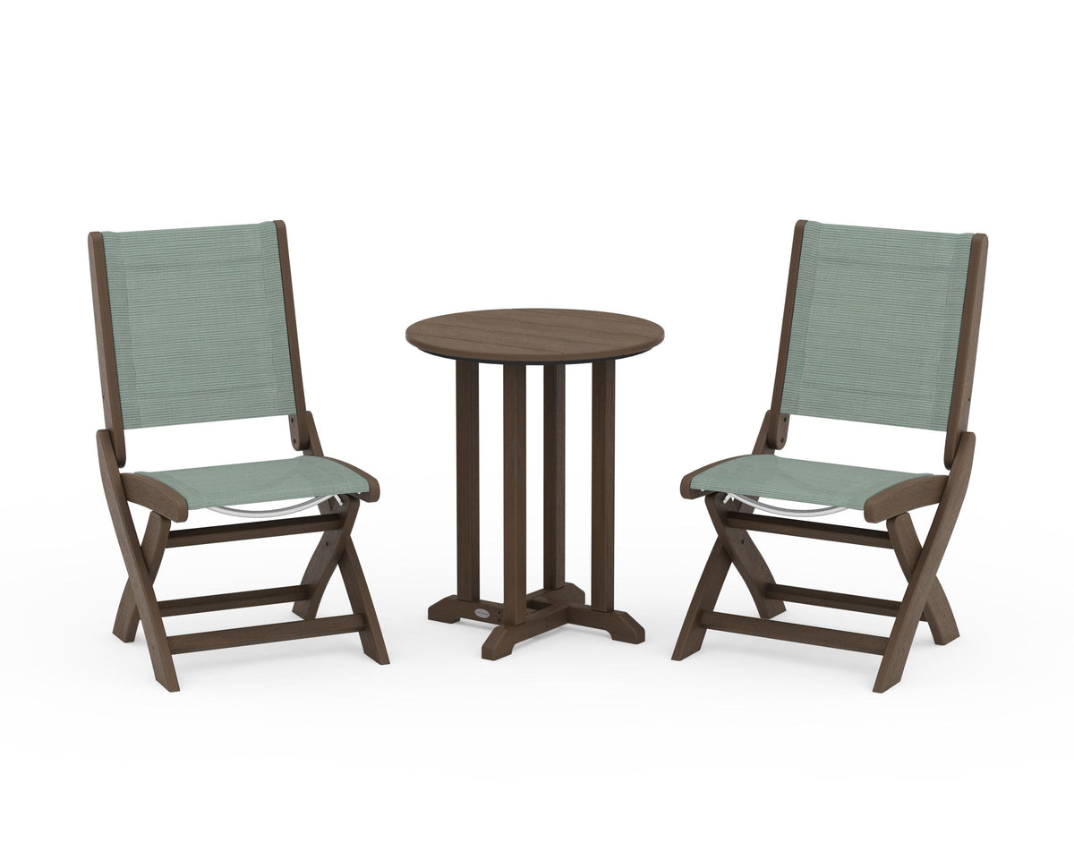 POLYWOOD Coastal Folding Side Chair 3-Piece Round Bistro Dining Set in Kona / Dupioni Sea Mist