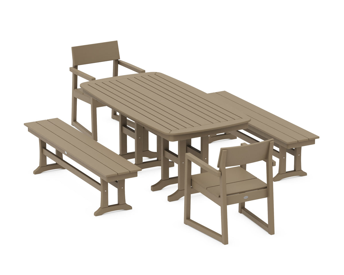 POLYWOOD EDGE 5-Piece Dining Set with Benches (Nautical 37" x 72" Table) in Vintage Sahara