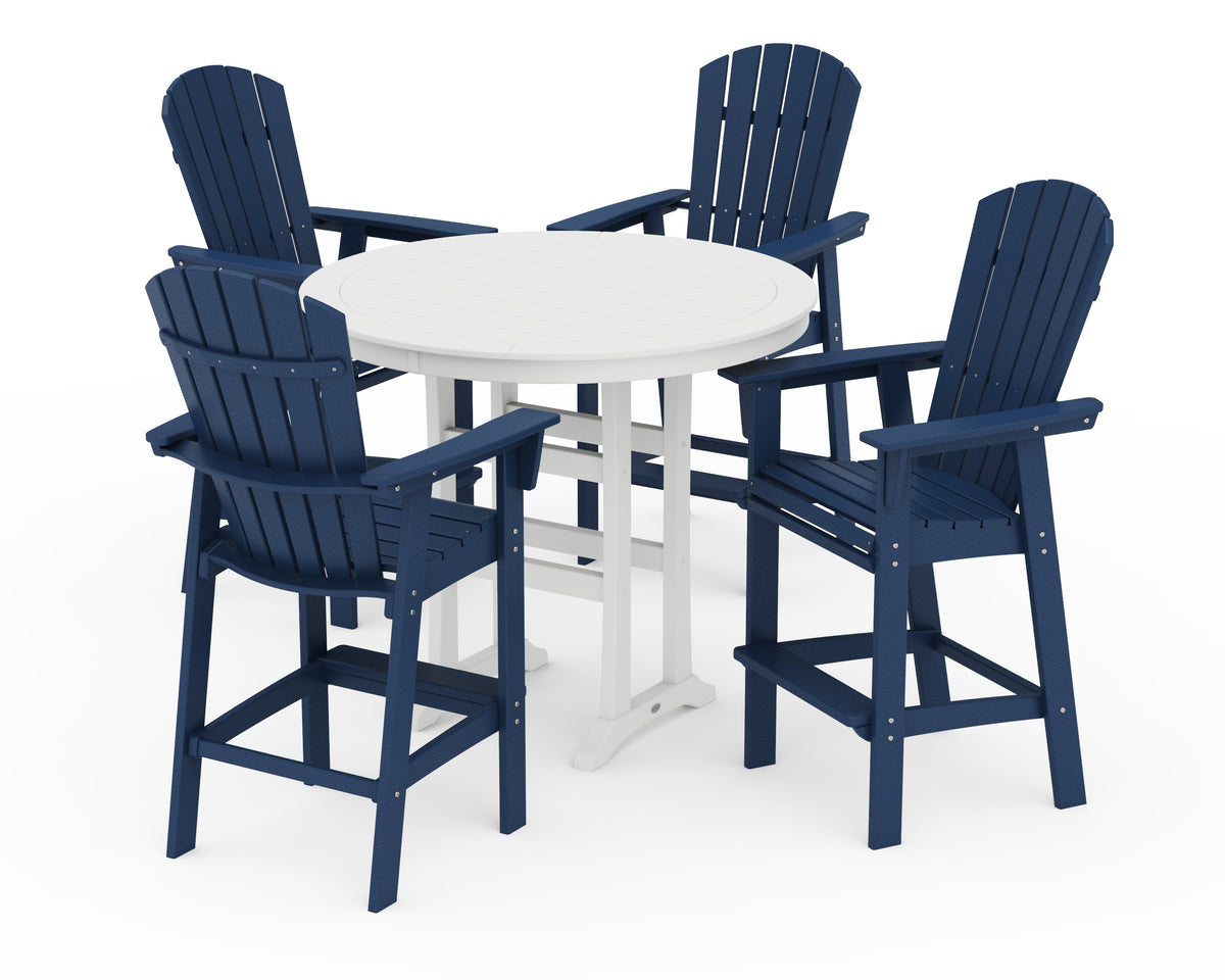 POLYWOOD Nautical Curveback Adirondack 5-Piece Round Trestle Bar Set in Navy / White