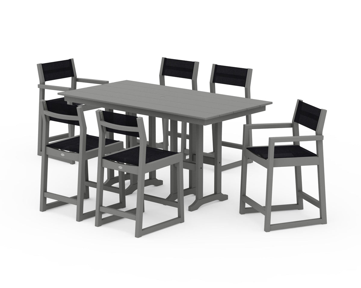 POLYWOOD EDGE Sling 7-Piece Farmhouse Counter Set with Trestle Legs in Slate Grey / Black