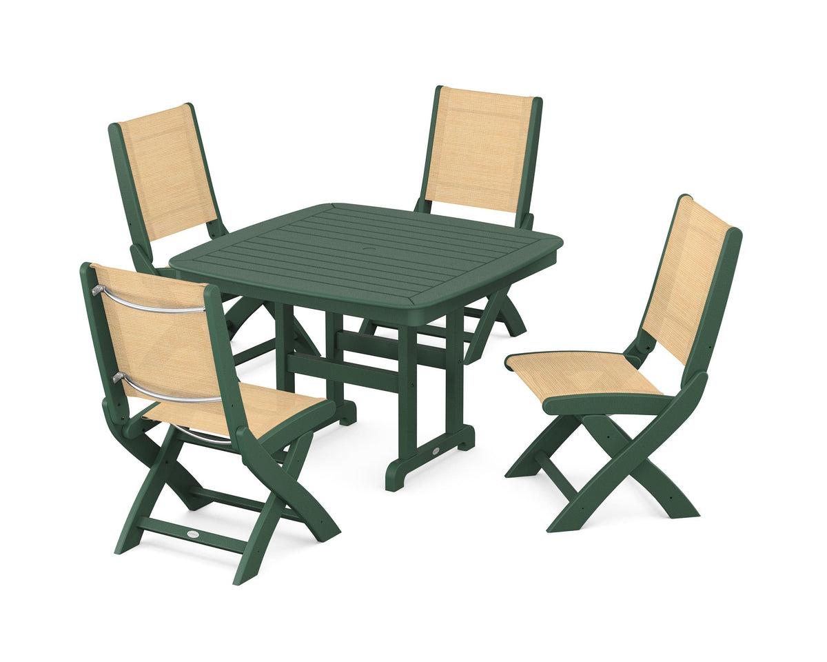 POLYWOOD Coastal Folding Side Chair 5-Piece Dining Set with Nautical 44" Dining Table in Green / Dupioni Apricot