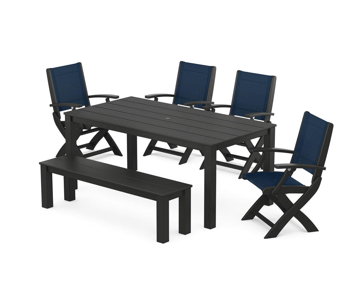 POLYWOOD Coastal Folding Chair 6-Piece Parsons Dining Set with Bench in Black / Navy Blue