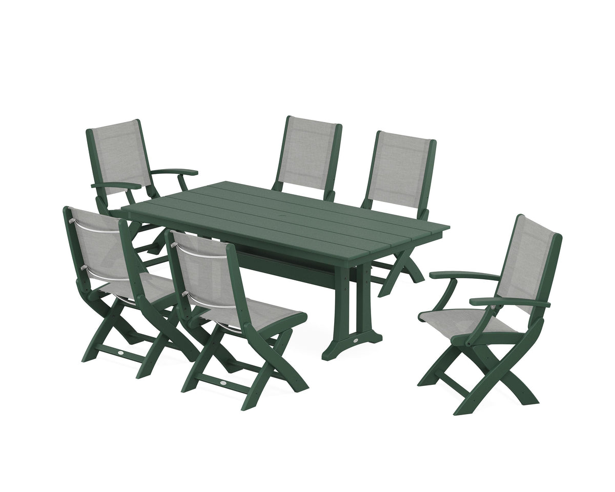 POLYWOOD Coastal Folding Chair 7-Piece Farmhouse Dining Set with Trestle Legs in Green / Metallic