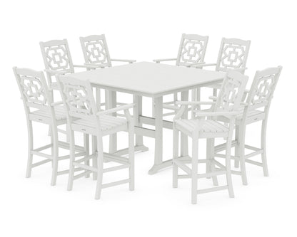 POLYWOOD Chinoiserie 9-Piece Square Farmhouse Side Chair Bar Set with Trestle Legs in Vintage White