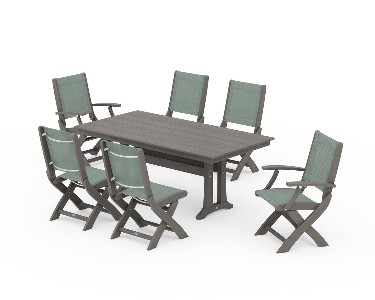 POLYWOOD Coastal Folding Chair 7-Piece Farmhouse Dining Set with Trestle Legs in Driftwood / Dupioni Sea Mist