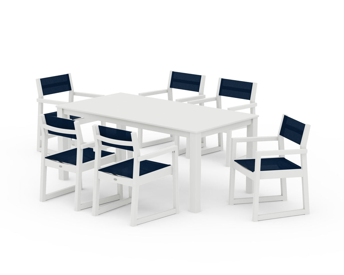 POLYWOOD EDGE Sling Arm Chair 7-Piece Parsons Dining Set in Vintage White / Navy Blue