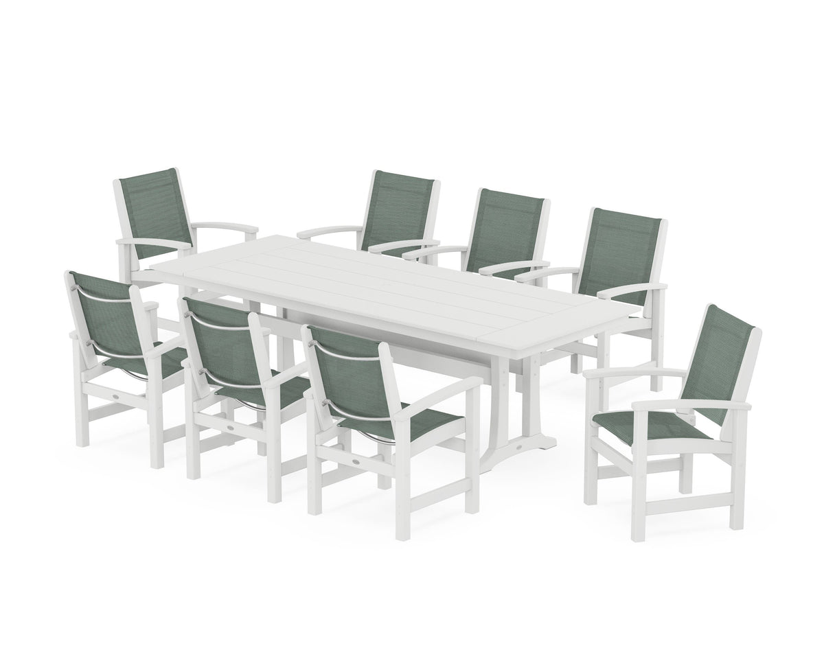 POLYWOOD Coastal 9-Piece Farmhouse Dining Set with Trestle Legs in White / Dupioni Sea Mist