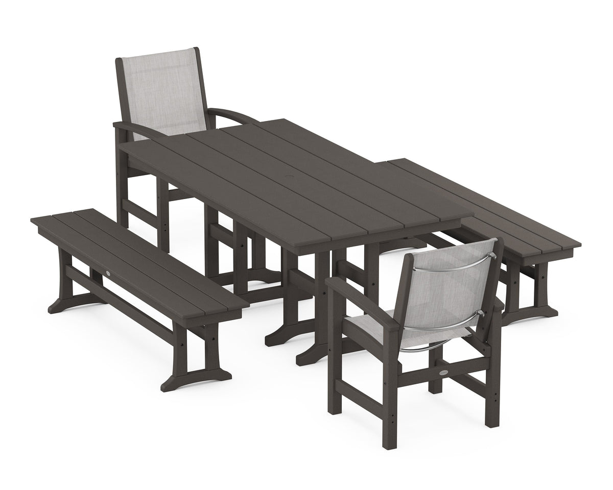 POLYWOOD Coastal 5-Piece Farmhouse Dining Set with Farmhouse 37" x 72" Dining Table in Vintage Coffee / Parchment