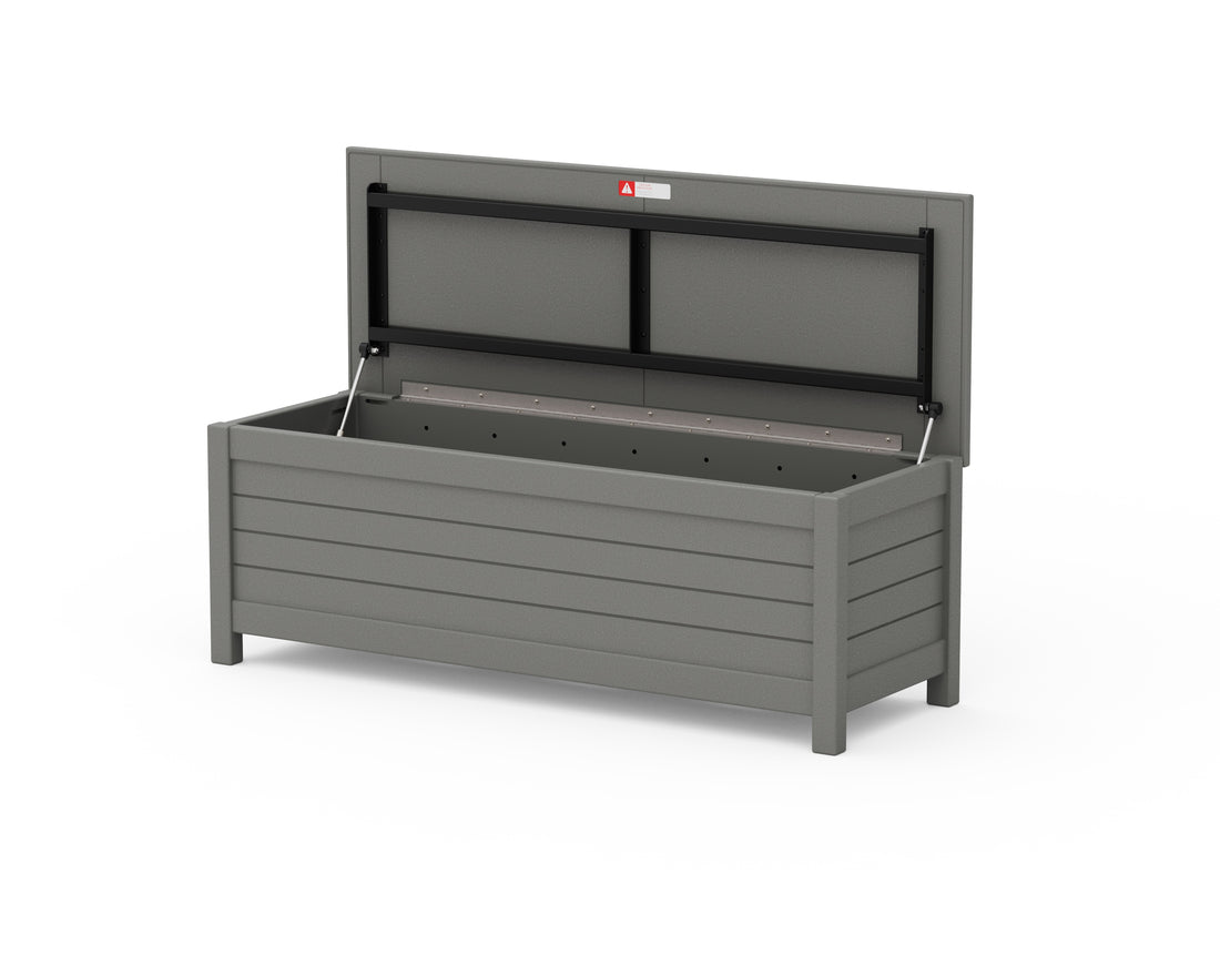 Angled view of the POLYWOOD Nautical 48" Storage Bench in Slate Grey