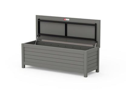 Angled view of the POLYWOOD Nautical 48" Storage Bench in Slate Grey