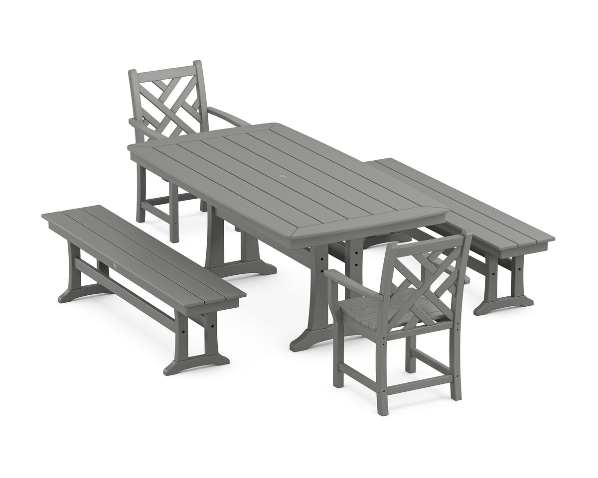 POLYWOOD Chippendale 5-Piece Dining Set with Trestle Legs - 38" x 73" Table in Slate Grey
