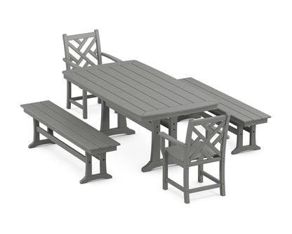 POLYWOOD Chippendale 5-Piece Dining Set with Trestle Legs - 38" x 73" Table in Slate Grey