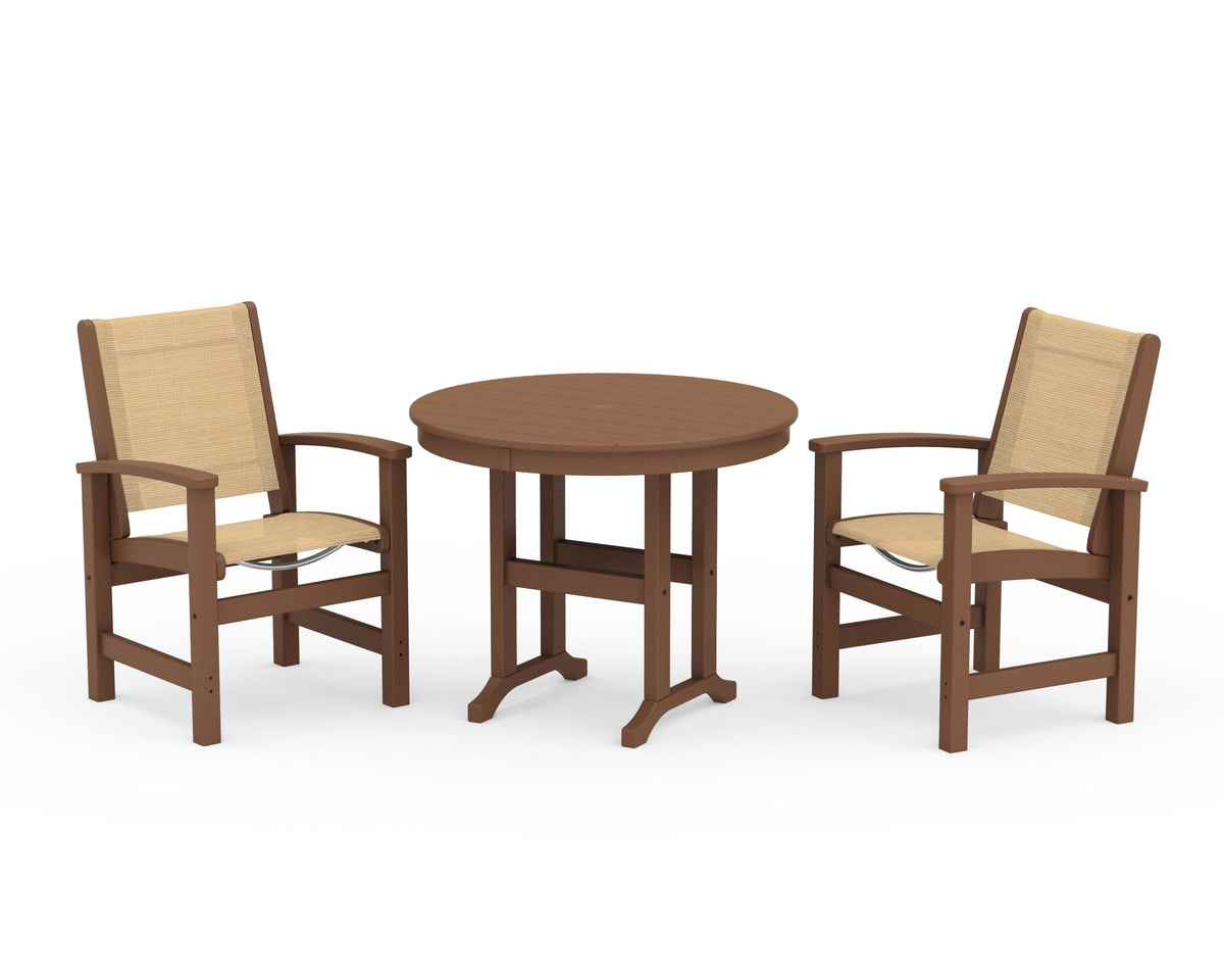 POLYWOOD Coastal 3-Piece Round Dining Set in Teak / Dupioni Apricot